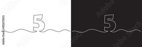 Number 5 line art silhouette. One line continuous outline vector illustration. isolated on white and black background. EPS 10