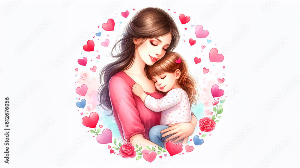 Watercolor painting of a happy mother and child hugging surrounded by hearts. White background. Mother's Day concept Watercolor painting of a happy mother and child hugging surrounded by hearts. White background. Mother's Day concept