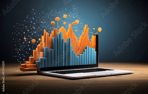 A 3D graph rises from a laptop  symbolizing successful strategy implementation and dynamic business growth  with ample copy space