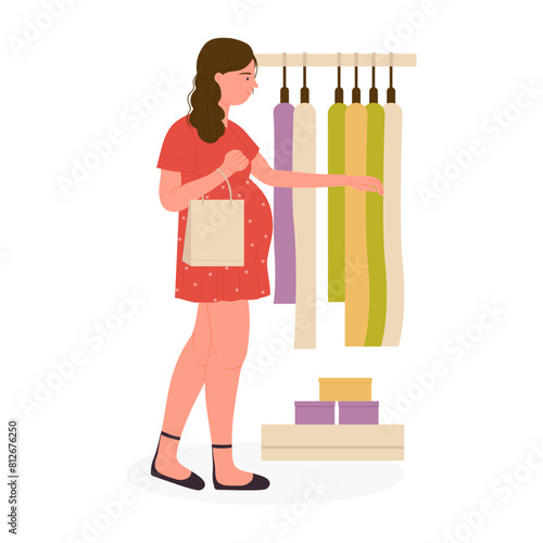 Stylish pregnant woman with shopping bag choosing clothes in fashion store vector illustration