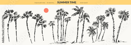 Hand drawn palm trees black ink sketch set.