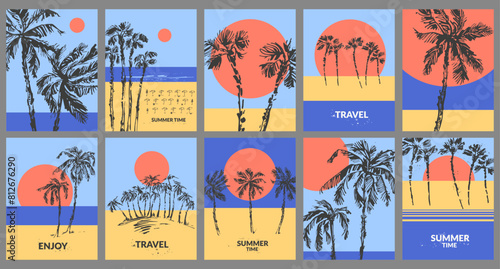 Vector colorful summer background, tropical landscape with palm trees, sun, beach, sea coast © katyabogina