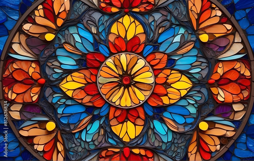 A colourful stained glass window with a star in the centre, Mandala background design A colourful stained glass window with a star in the centre, Mandala background design