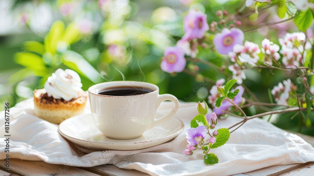 A cup of coffee on a table with a small cake for a snack in a flower garden A cup of coffee on a table with a small cake for a snack in a flower garden