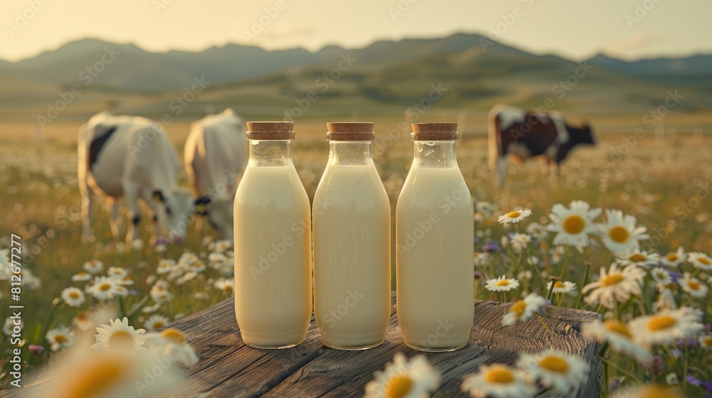 Beautiful glass bottle of milk on wooden desk table top with cow and nature background Beautiful glass bottle of milk on wooden desk table top with cow and nature background