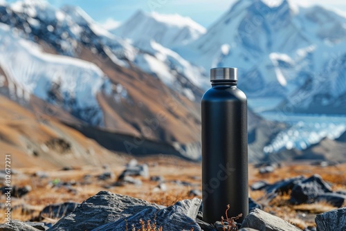 black water bottle on rocky mountain terrain snowy peaks in background outdoor adventure concept product photography