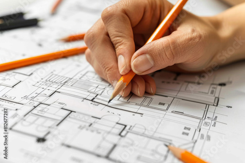 close-up photo of engineer hand with pencil drawing technical plan, design or project