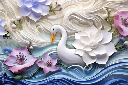 Wallpaper Mural a white swan is laying on a blue cloth with flowers. Torontodigital.ca