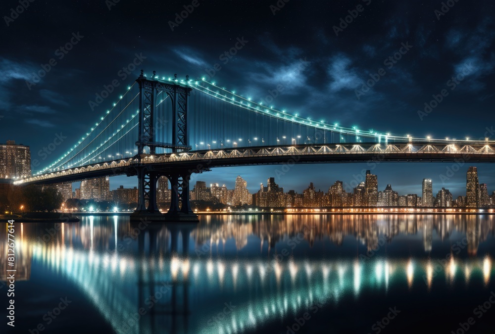 Fototapeta premium Manhattan Bridge and Manhattan skyline at night, New York City.
