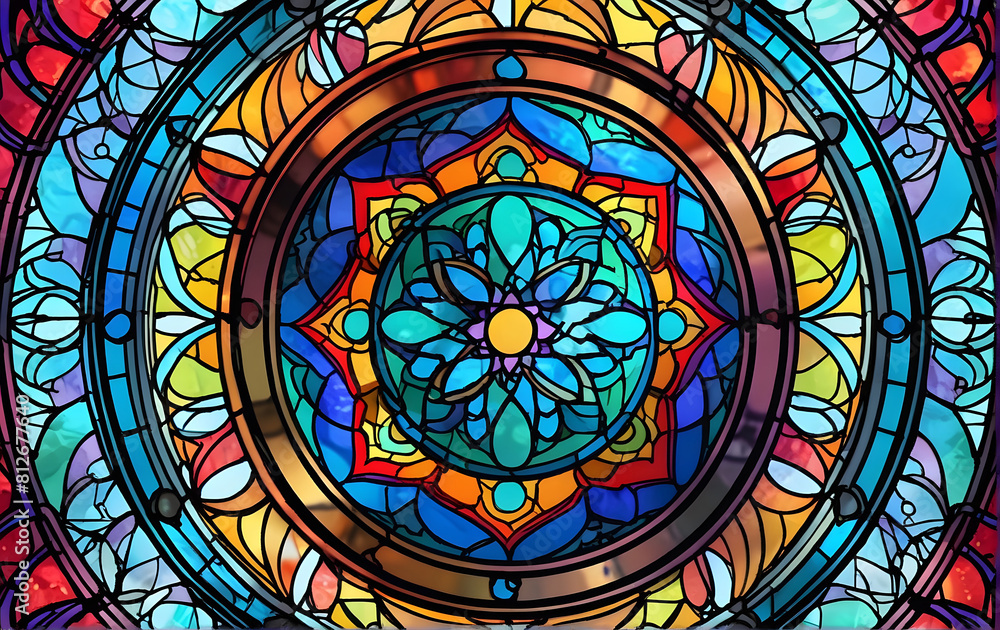 A colourful stained glass window with a star in the centre, Mandala background design A colourful stained glass window with a star in the centre, Mandala background design