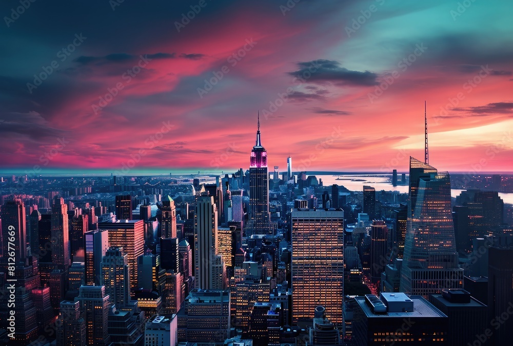Obraz premium New York City Manhattan skyline panorama at sunset with skyscrapers.