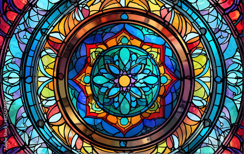 A colourful stained glass window with a star in the centre  Mandala background design