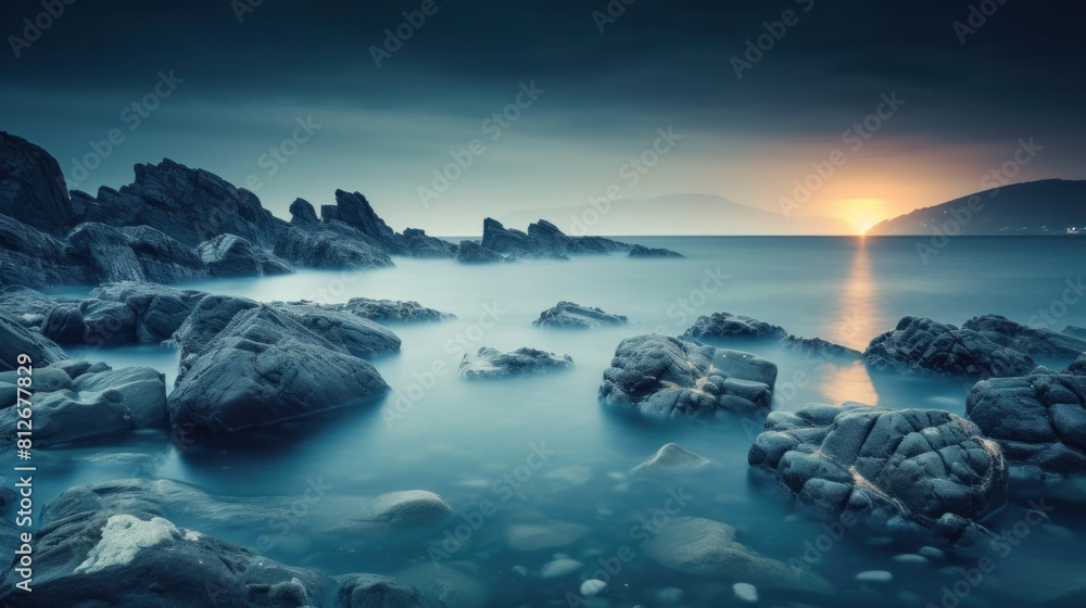 Fototapeta premium A sea and rocks and stones, teal tone