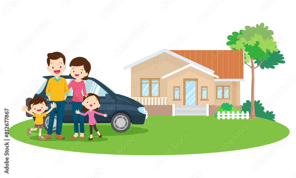 Happy big family in front of house ,rainbow Happy big family in front of house ,rainbow