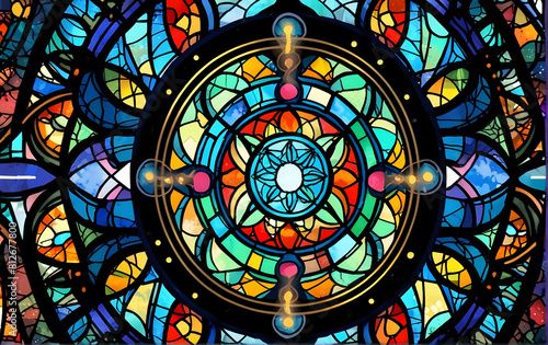 A colourful stained glass window with a star in the centre, Mandala background design