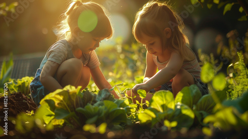 Summer Morning Delight: Portrait of Two Young Kids Harvesting Ripe Strawberries in Vegetable Garden Bed – Family Gardening, Childhood Joy, Organic Produce