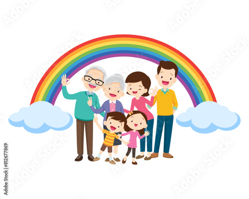 Happy big family in front of house ,rainbow