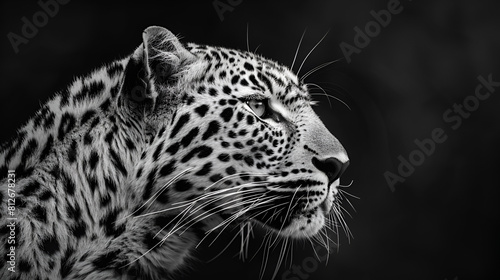 Portrait of a beautiful leopard Black and white photo Facial portrait of a snow leopard. 