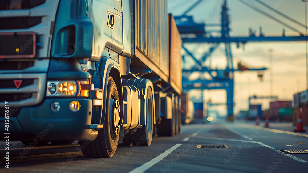 Modern Truck at Container Terminal: Close-Up with Blue Sky Background Modern Truck at Container Terminal: Close-Up with Blue Sky Background