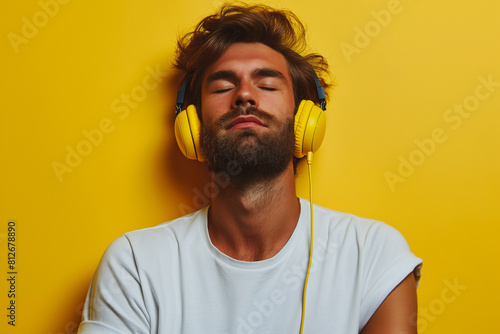 A man wearing headphones is sitting on a yellow wall