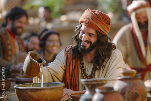 A joyful bearded man in vibrant traditional attire pours wine at a bustling market  surrounded by friends and handmade pottery.