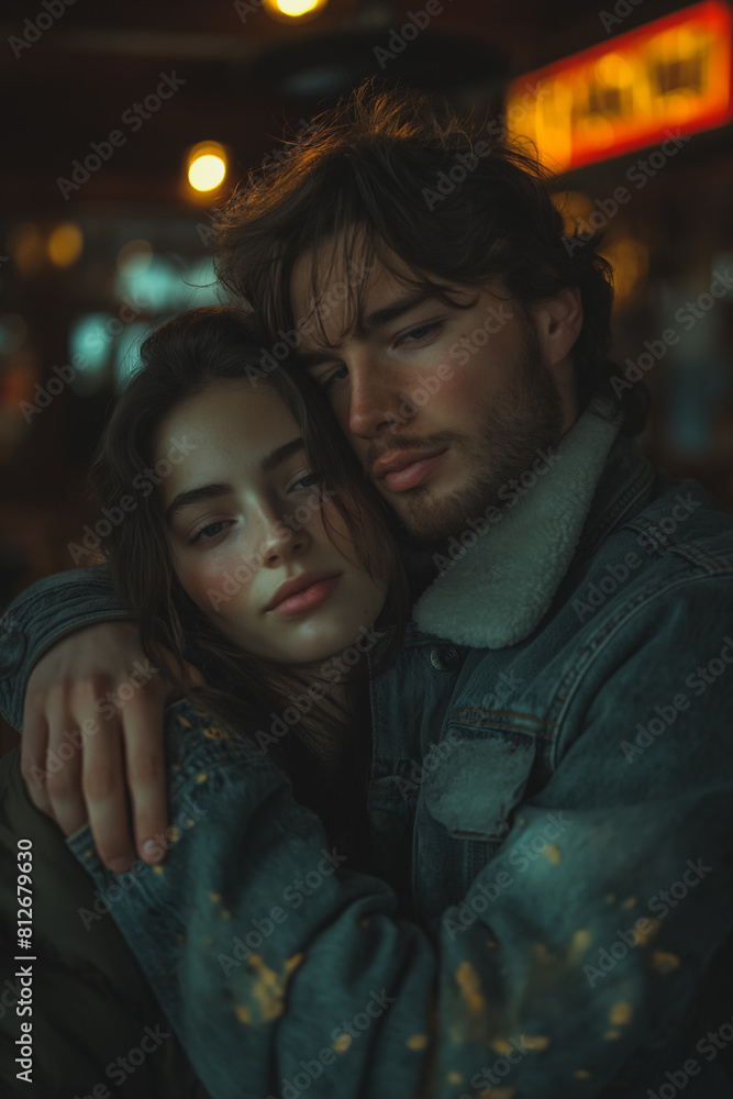 A man and a woman are hugging each other in a dimly lit room A man and a woman are hugging each other in a dimly lit room