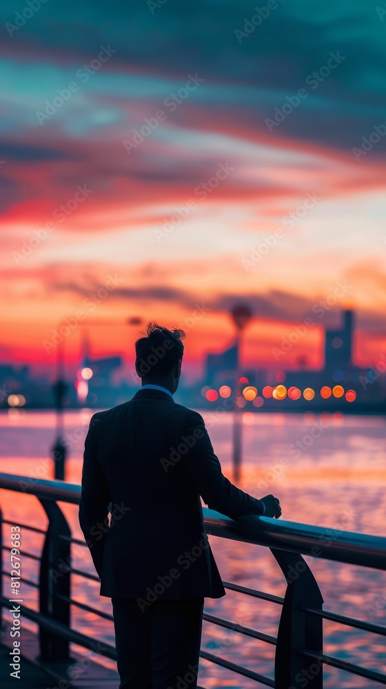 Fototapeta premium A businessman on a city bridge at sunset, the water and city lights blurred in the background. 