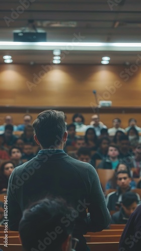 A professional in a lecture hall, university students softly blurred behind him as he gives a guest lecture. 