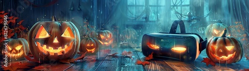A spooky Halloween scene with VR glasses adorned in chilling decorations photo