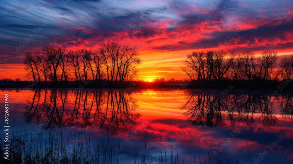 Naklejka premium A colorful sunrise over a tranquil lake, with silhouetted trees reflecting on the water surface.