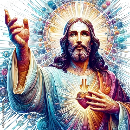 A colorful artwork of a jesus christ holding a heart harmony used for printingcard design illustrator. photo