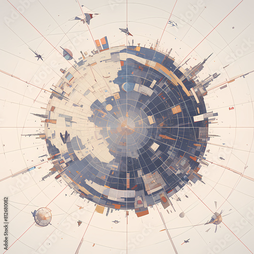 Striking Illustrated Globe with Vibrant City Skylines and Diverse Transportation Elements