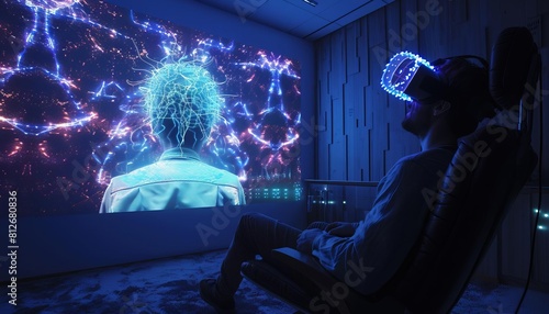 Conceptualize a therapy session where a patient overcomes phobias by using a braincomputer interface to control simulations photo