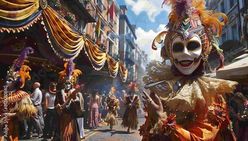 Conceptualize a street carnival filled with performers in elaborate costumes, dancing and entertaining the crowds with mesmerizing acts photo