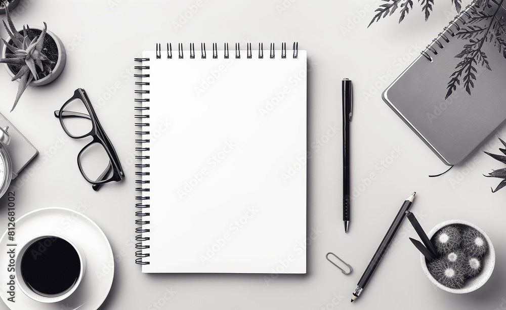 Top view of organized desk with blank white notebook, pen, glasses, and coffee cup surrounded by plants. Perfect setup for creative brainstorming and productivity Top view of organized desk with blank white notebook, pen, glasses, and coffee cup surrounded by plants. Perfect setup for creative brainstorming and productivity