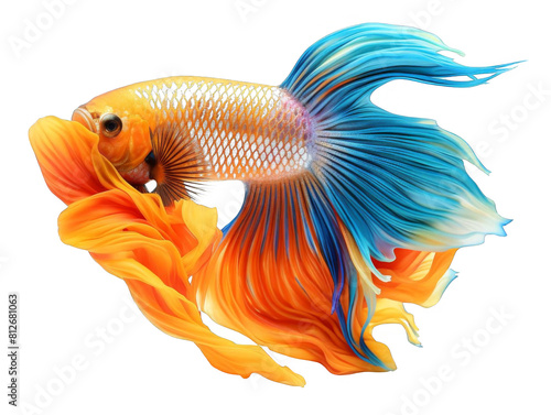 The photo shows a beautiful Siamese fighting fish. The fish has a long, flowing tail and bright, vibrant colors. photo