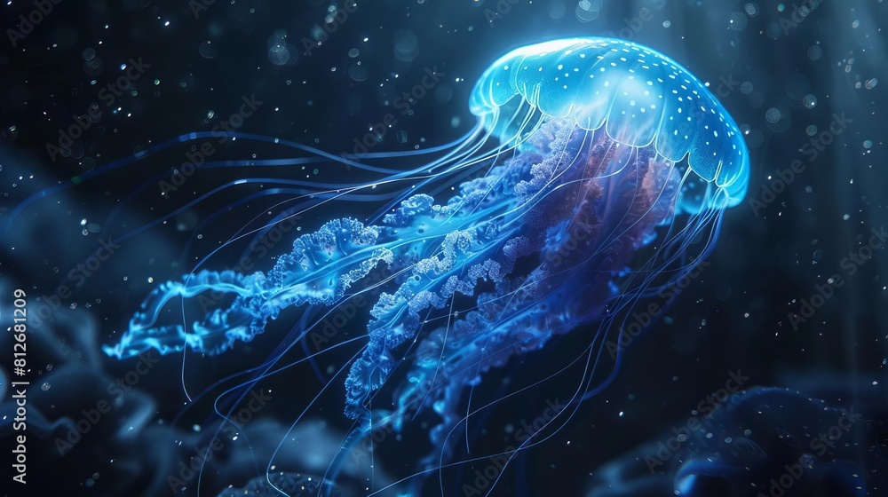Conceptualize an alienlike jellyfish species, with an eerie, luminescent blue glow that illuminates the black waters around it Conceptualize an alienlike jellyfish species, with an eerie, luminescent blue glow that illuminates the black waters around it