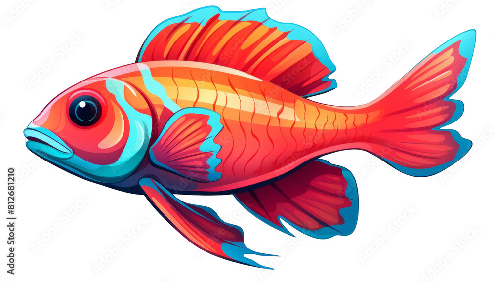This is a cartoon fish. It has red, orange, yellow and blue colors. It has big eyes and a small mouth. It is smiling.