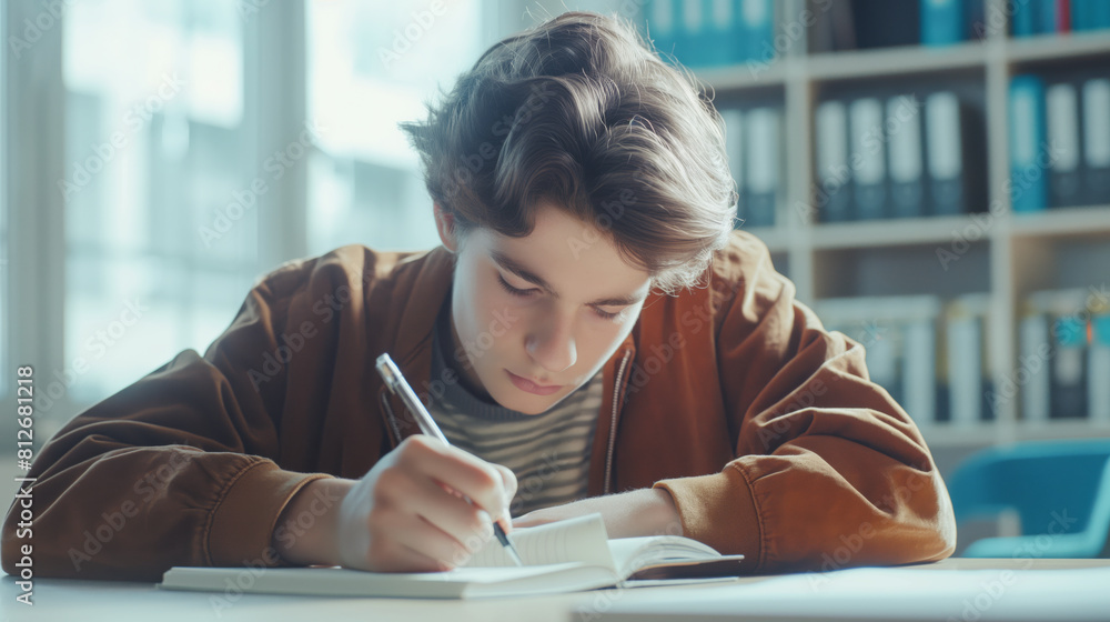Young male student focused on writing notes in notebook sitting in library with bookshelves in background. Concentrated expression and academic setting highlight study and education Young male student focused on writing notes in notebook sitting in library with bookshelves in background. Concentrated expression and academic setting highlight study and education