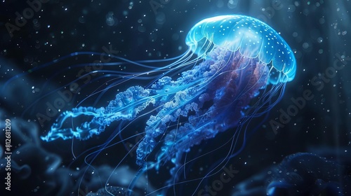 Conceptualize an alienlike jellyfish species, with an eerie, luminescent blue glow that illuminates the black waters around it