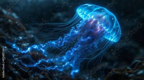 Conceptualize an alienlike jellyfish species, with an eerie, luminescent blue glow that illuminates the black waters around it photo