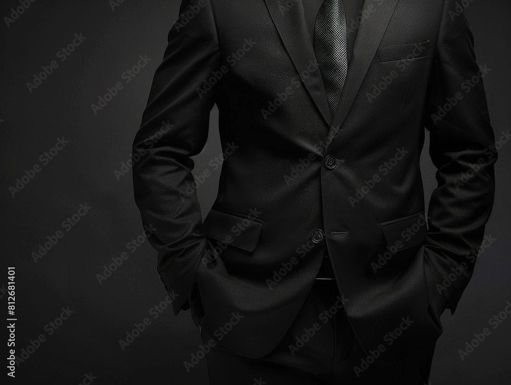 Torso of a male leader in a black business suit, emphasizing his authoritative role in the world of finance and banking Torso of a male leader in a black business suit, emphasizing his authoritative role in the world of finance and banking