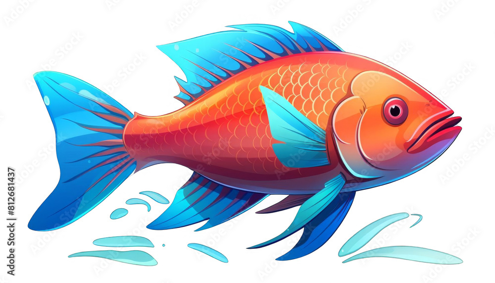 This is an illustration of a cartoon fish. It has a red body with blue fins. It is smiling and has big eyes. It is surrounded by blue water.