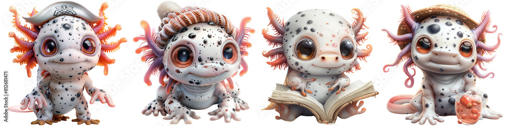 Obraz premium Axolotl character set with different activities, perfect for illustrating daily routines in children's books, on transparent background