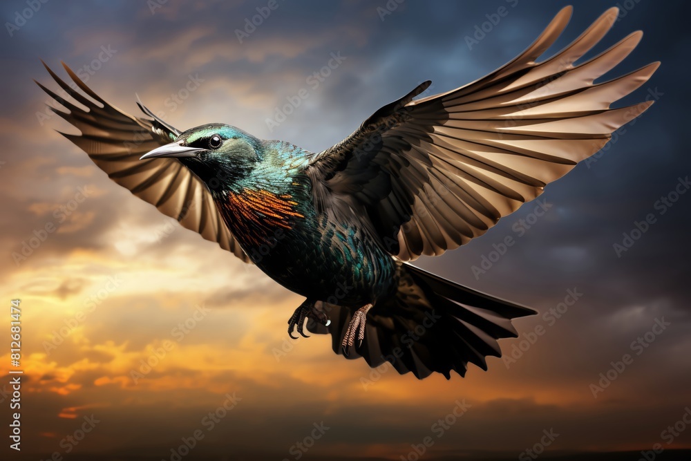 Obraz premium European Starling in flight, wings spread wide, iridescent feathers gleaming against a stormy sky