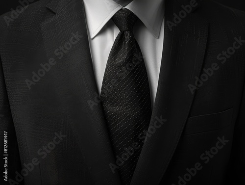 Torso of a male leader in a black business suit, emphasizing his authoritative role in the world of finance and banking