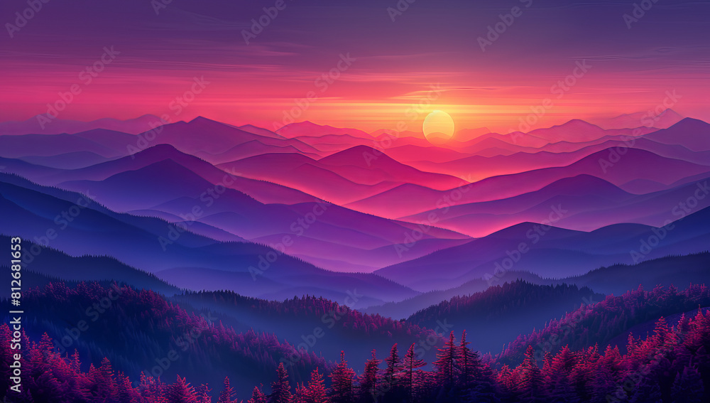 Minimalist Vector Art of a Stunning Sunset Over Mountains in Simple Shapes