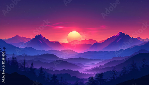 Simple Shapes and Colors Create a Beautiful Mountain Sunset in Vector Art