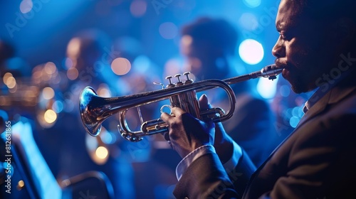 Depict a jazz ensemble jamming on stage, their improvised solos weaving together in a harmonious tapestry of sound and rhythm