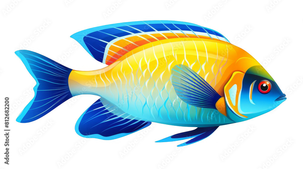 A beautiful and colorful fish swims in the ocean. The fish has bright yellow, orange, and blue scales, and a long, flowing tail.